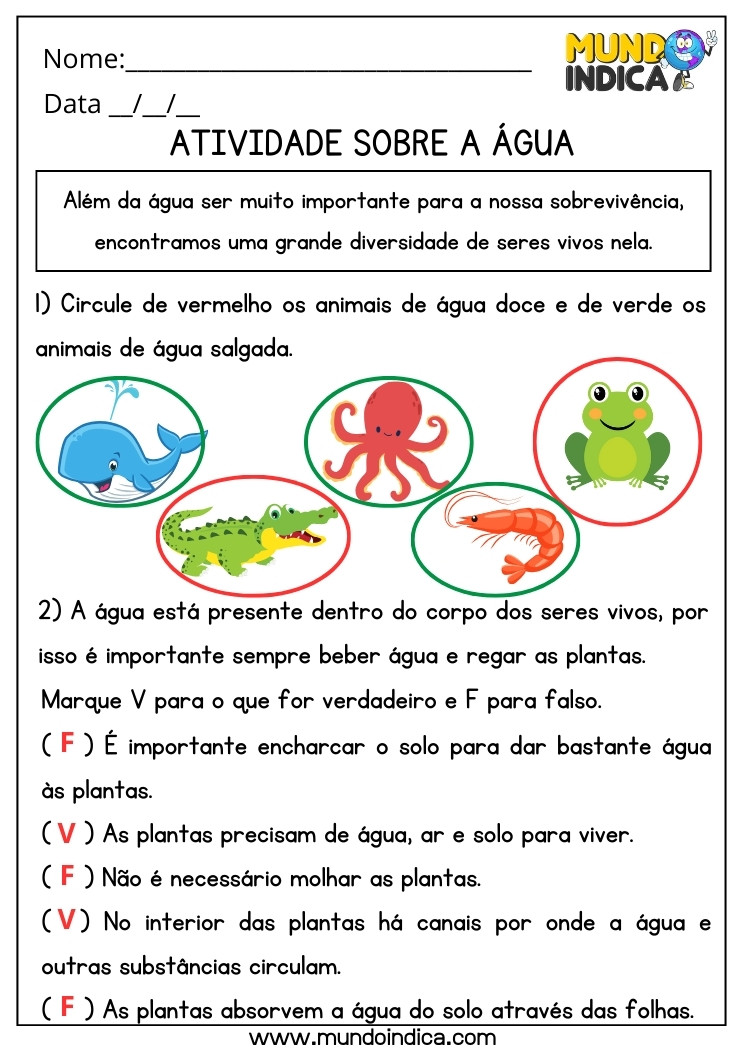Atividade de Ciências com Verdadeiro e Falso sobre a Água e Circule Animais de Água Doce e Salgada para 2 ano Ensino Fundamental com Respostas para Imprimir