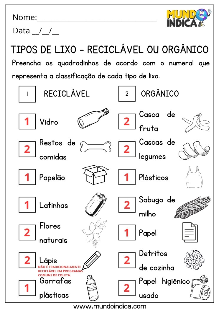 Atividade de Ciências para Classificar os Lixos Recicláveis e Orgânicos com Respostas para Imprimir