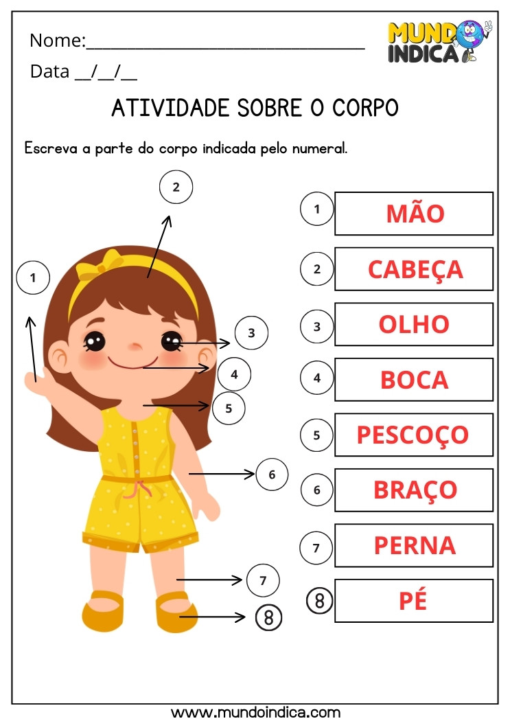 Atividade de Ciências para Escrever as Partes do Corpo Humano Indicadas pelo Numeral para 3 ano Ensino Fundamental com Respostas para Imprimir