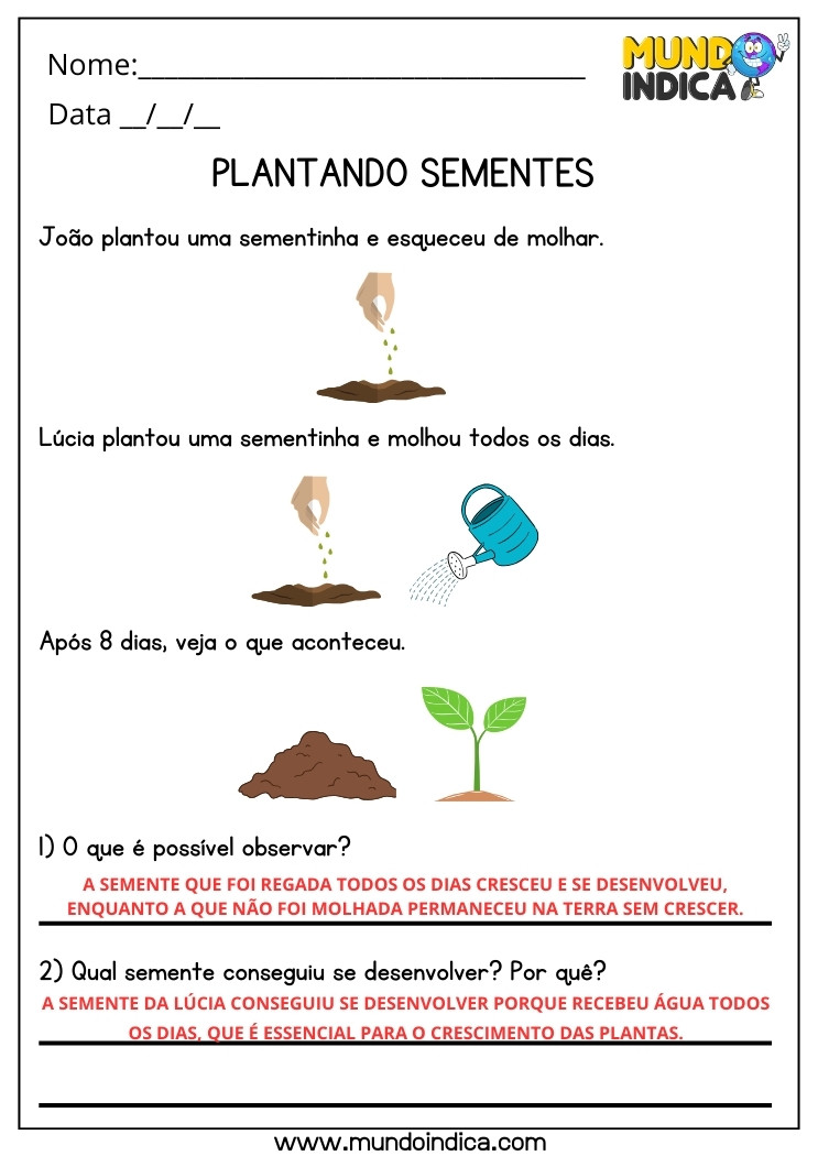 Atividade de Ciências para Observar as Plantações de Sementes e seu Desenvolvimento com Água e sem Água para 3 ano Ensino Fundamental com Respostas para Imprimir