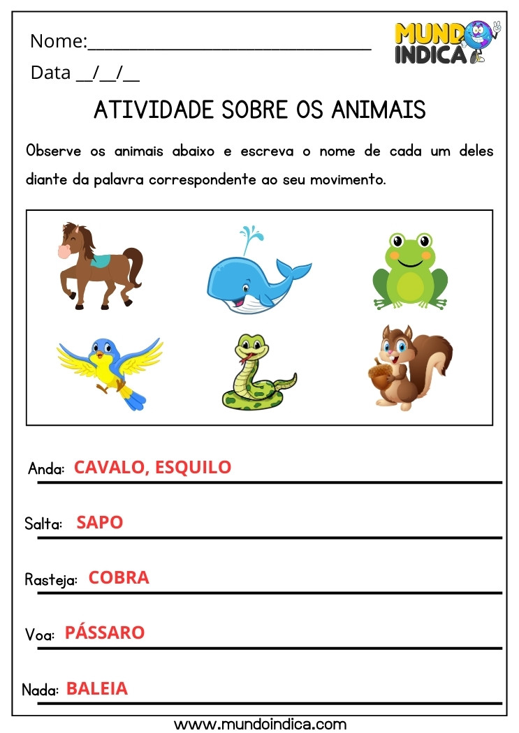 Atividade de Ciências sobre Animais que Andam, Saltam, Rastejam, Voam e Nadam para 3 ano Ensino Fundamental com Respostas para Imprimir
