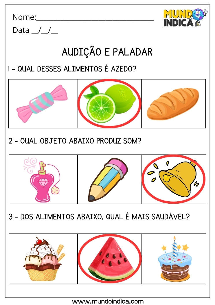 Atividade de Ciências sobre Audição e Paladar para 2 ano Ensino Fundamental com Respostas para Imprimir