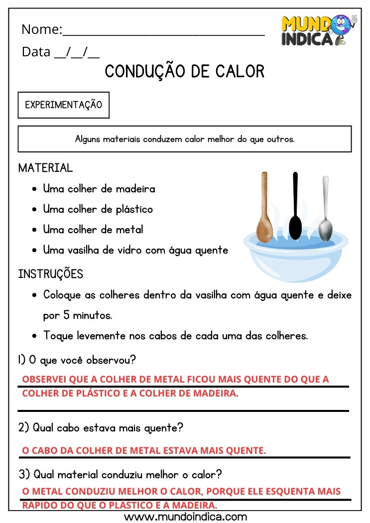 Atividade de Ciências sobre Condução do Calor Madeira, Plástico e Metal para 5 ano Ensino Fundamental com Respostas para Imprimir