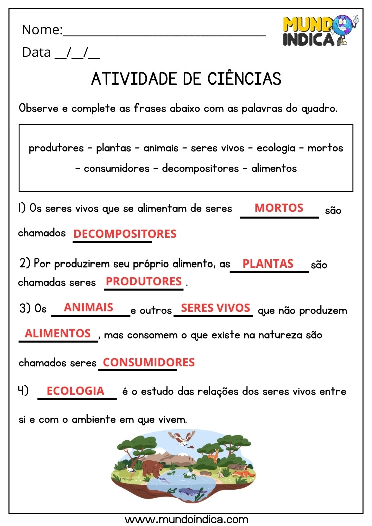 Atividade de Ciências sobre Ecologia, Plantas, Animais, Seres Vivos, Alimentos, Produtores, Consumidores, Decompositores para 4 ano com Respostas