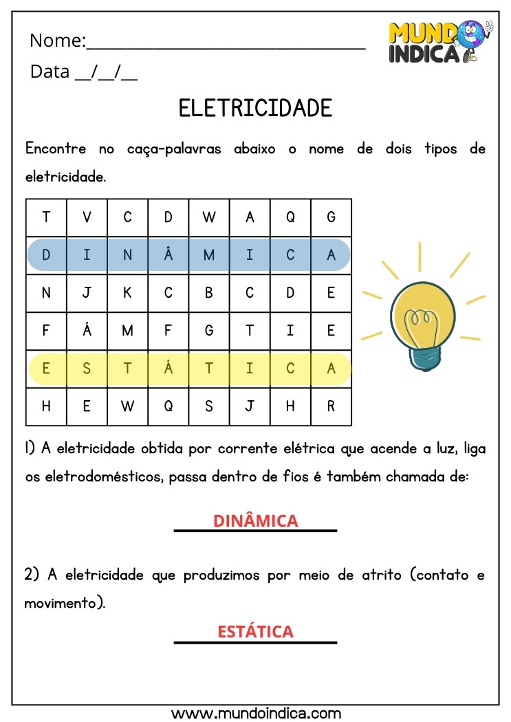Atividade de Ciências sobre Eletricidade Dinâmica e Estática para 4 ano Ensino Fundamental com Respostas para Imprimir