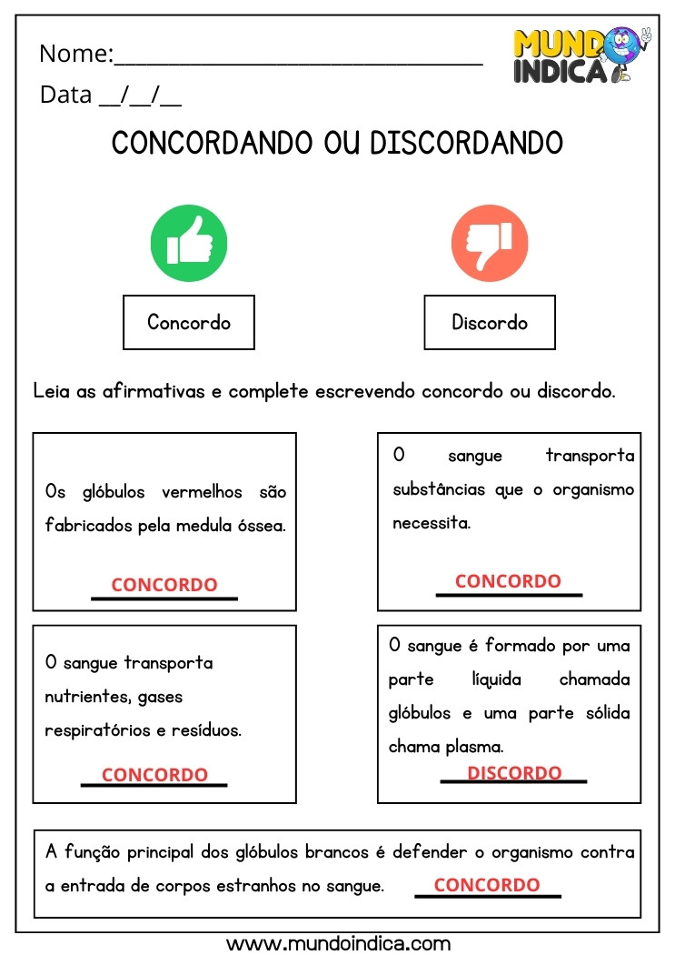 Atividade de Ciências sobre Glóbulos Vermelhos, o Sangue e suas Funções e Glóbulos Brancos para 5 ano Ensino Fundamental com Respostas para Imprimir