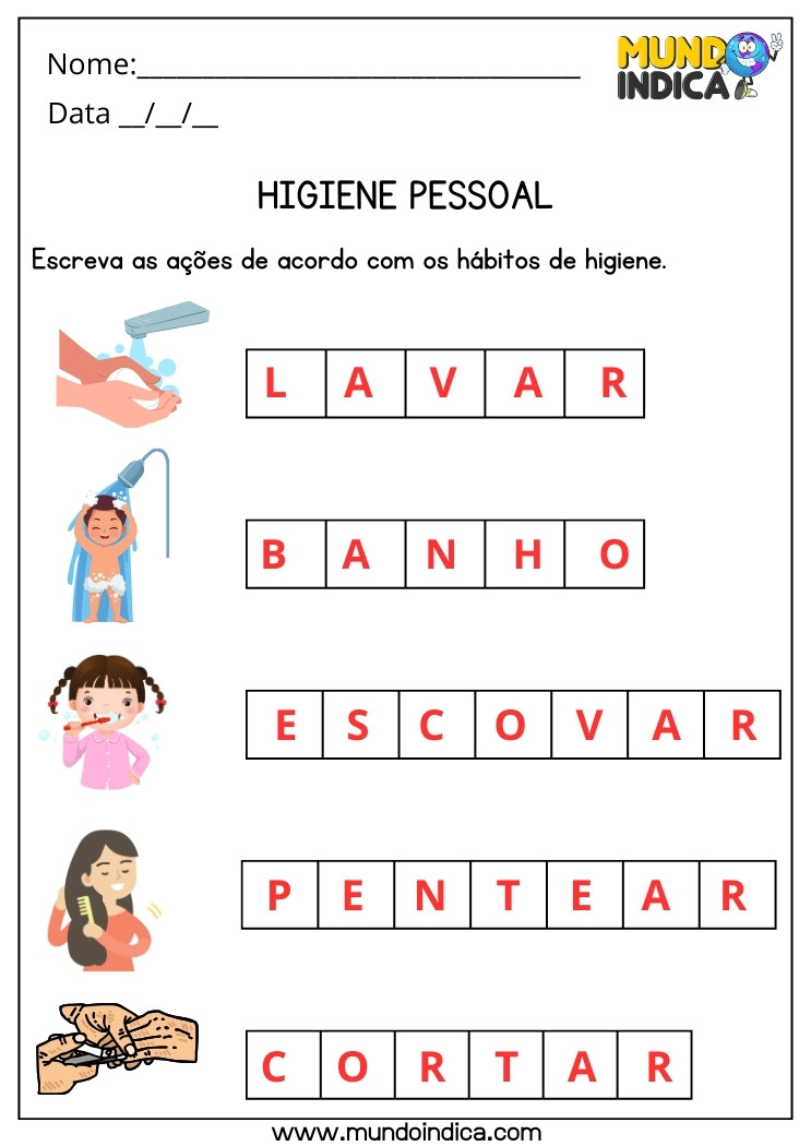 Atividade de Ciências sobre Hábitos de Higiene Pessoal para 2 ano Ensino Fundamental com Respostas para Imprimir