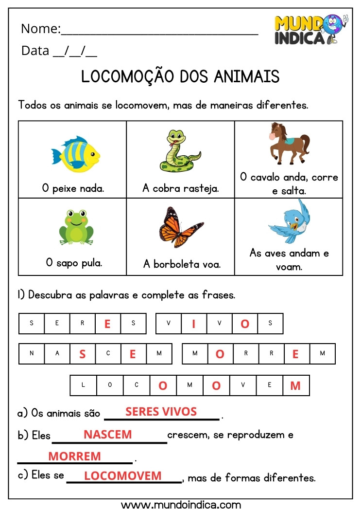 Atividade de Ciências sobre Locomoção dos Animais e Seres Vivos para 4 ano Ensino Fundamental com Respostas para Imprimir