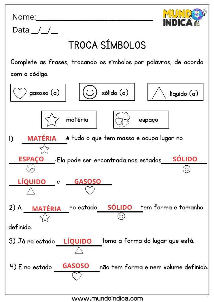 Atividade de Ciências sobre Matéria, Espaço, Sólido, Líquido, Gasoso para 4 ano Ensino Fundamental com Respostas para Imprimir