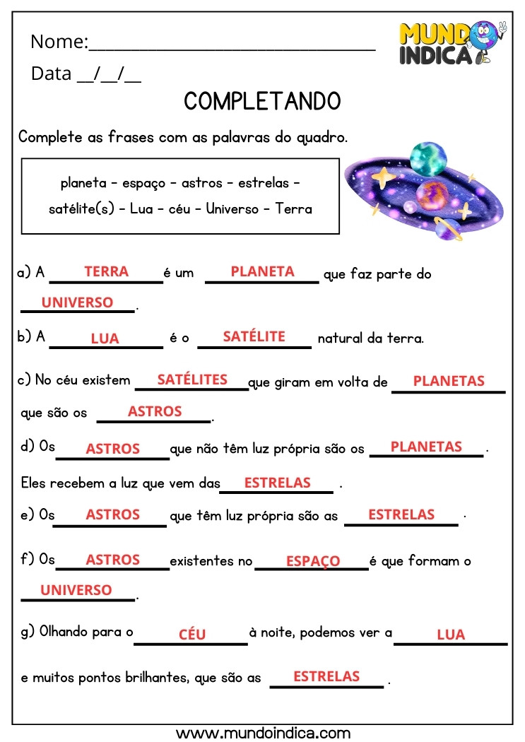 Atividade de Ciências sobre Planeta, Espaço, Astros, Estrelas, Satélite, Lua, Céu, Universo e Terra para 5 ano Ensino Fundamental com Respostas para Imprimir