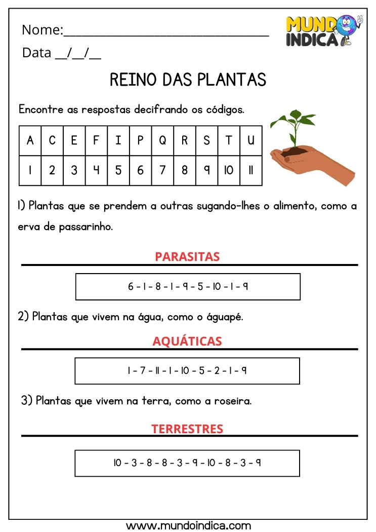 Atividade de Ciências sobre Plantas Parasitas, Aquáticas e Terrestres para 4 ano Ensino Fundamental com Respostas para Imprimir