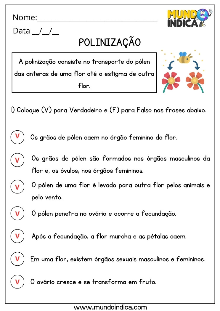 Atividade de Ciências sobre Polonização com Verdadeiro e Falso para 4 ano Ensino Fundamental com Respostas para Imprimir