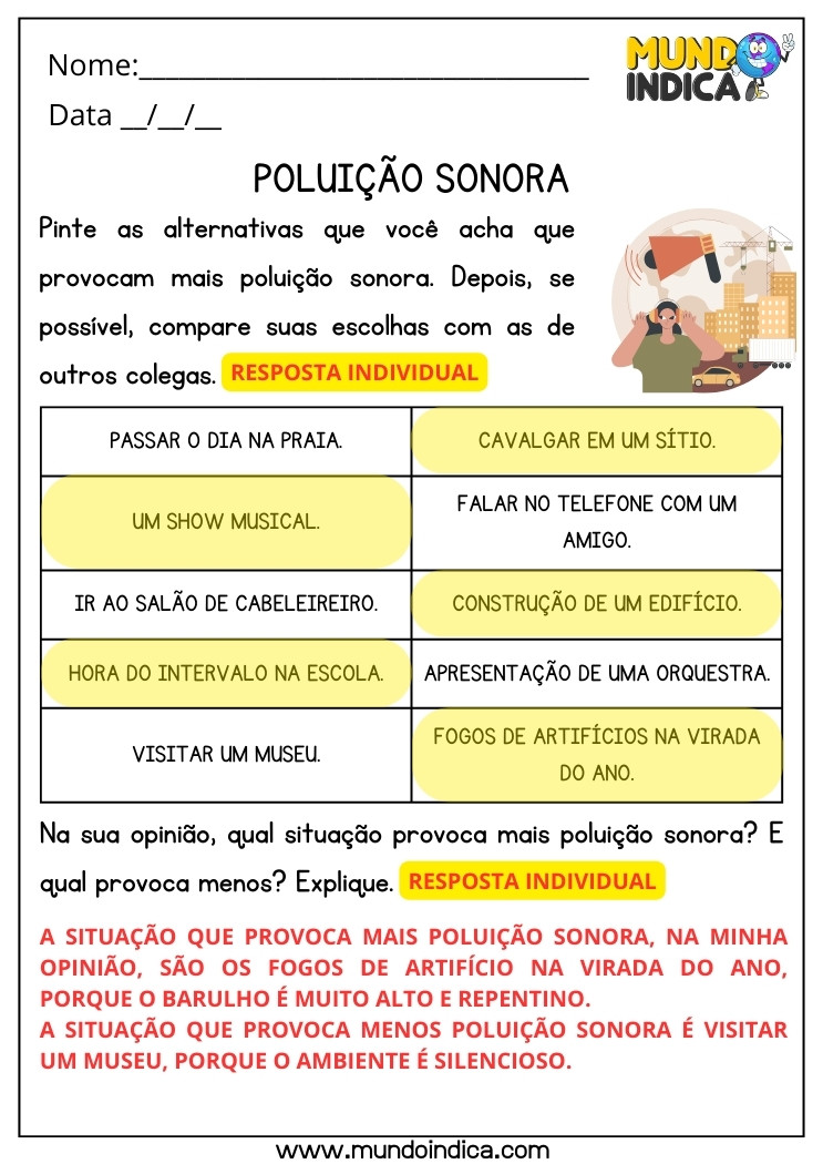 Atividade de Ciências sobre Poluição Sonora com Respostas para Imprimir
