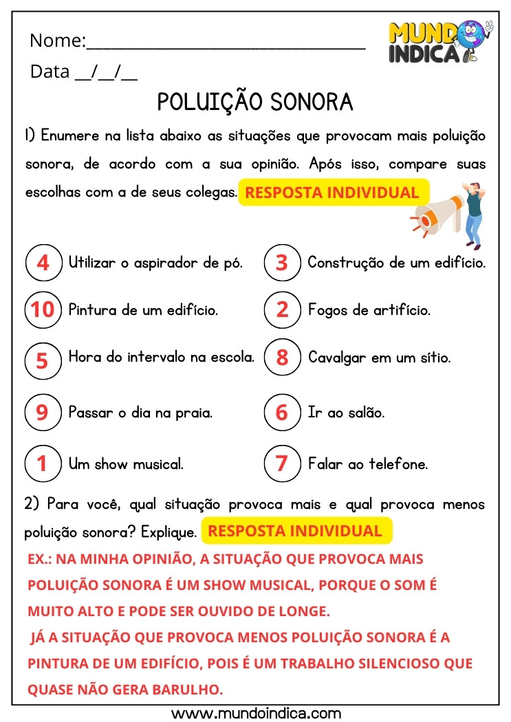 Atividade de Ciências sobre Poluição Sonora para 5 ano Ensino Fundamental com Respostas para Imprimir