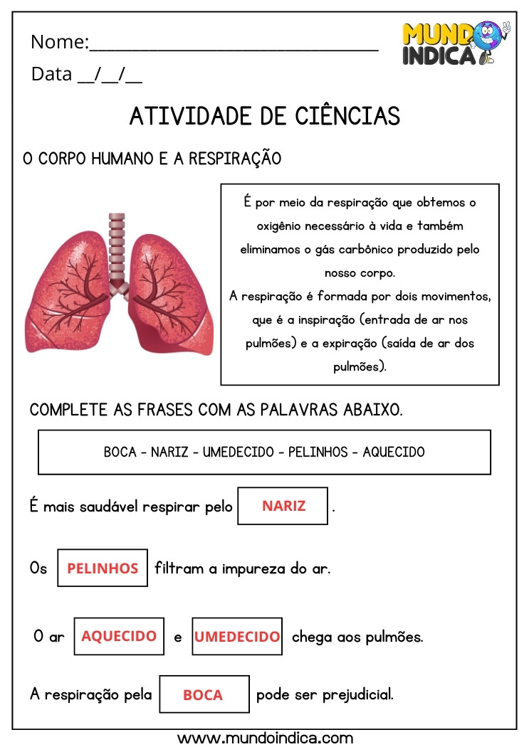 Atividade de Ciências sobre Respiração com Respostas para Imprimir