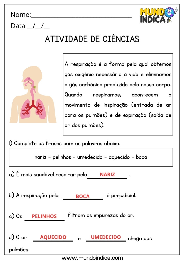 Atividade de Ciências sobre Respiração e suas Particularidades para 5 ano Ensino Fundamental com Respostas para Imprimir