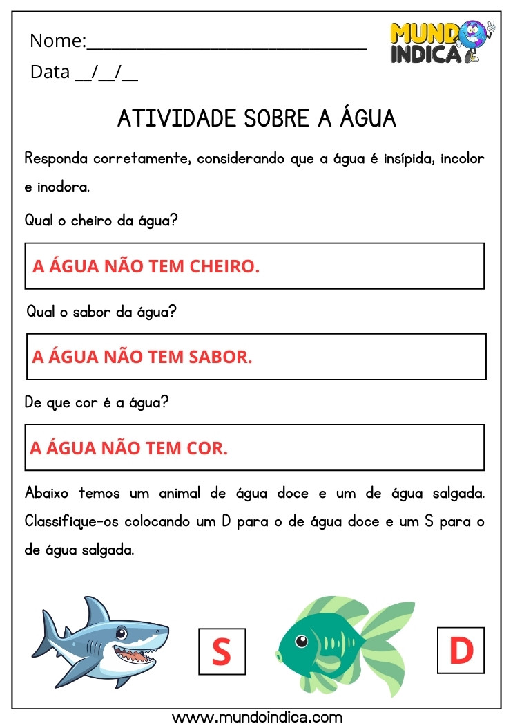 Atividade de Ciências sobre a Água Insípida, Incolor e Inodora e Animais de Água Doce ou Salgada para 3 ano Ensino Fundamental com Respostas para Imprimir