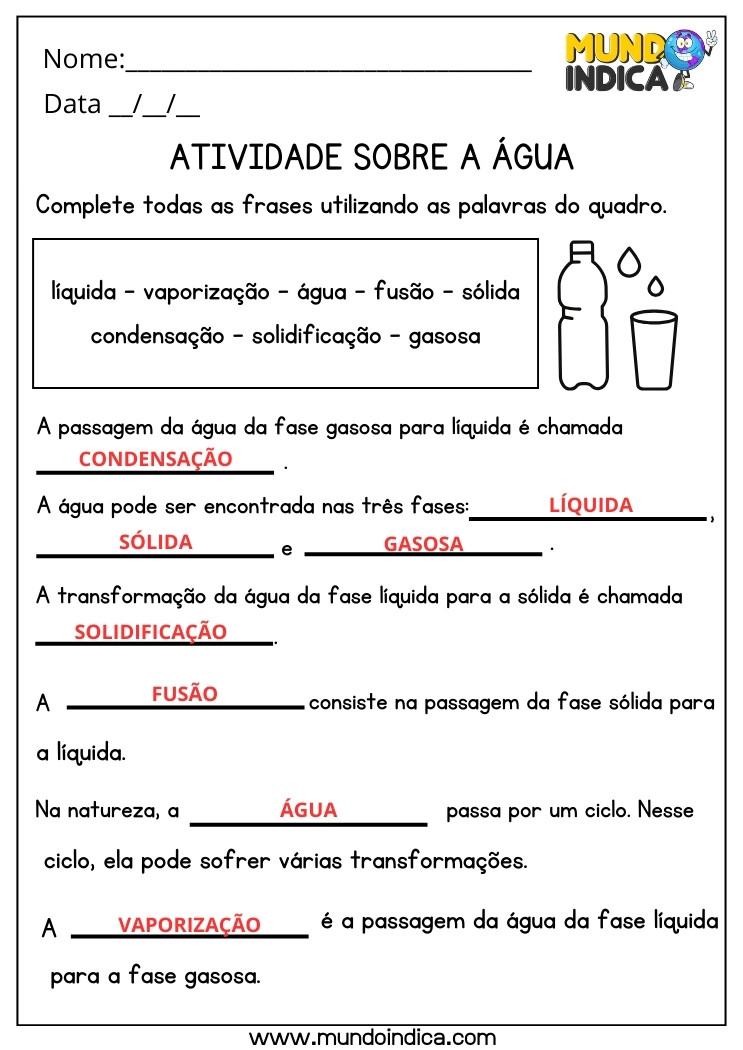 Atividade de Ciências sobre a Água Líquida, Sólida, Gasosa, Condensação, Solidificação, Fusão, Vaporização com Respostas para Imprimir