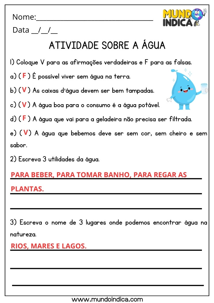 Atividade de Ciências sobre a Água com Verdadeiro e Falso, Utilidades da Água e Lugares onde Encontramos para 3 ano Ensino Fundamental com Respostas para Imprimir