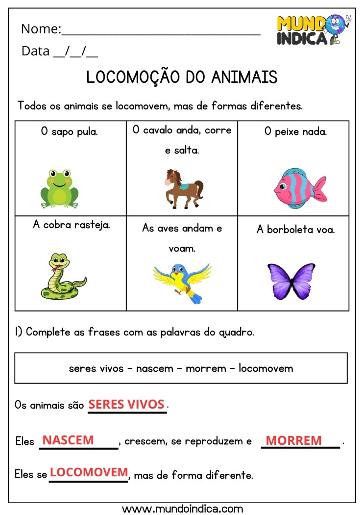 Atividade de Ciências sobre a Locomoção dos Animais para 3 ano Ensino Fundamental com Respostas para Imprimir