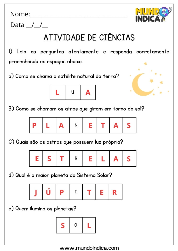 Atividade de Ciências sobre a Lua, Planetas, Estrelas, Júpiter e o Sol para 4 ano Ensino Fundamental com Respostas para Imprimir