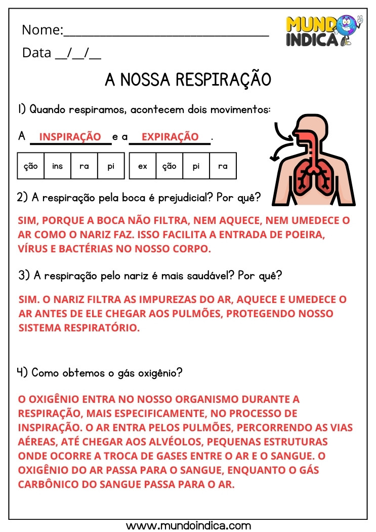Atividade de Ciências sobre a Nossa Respiração, Inspiração, Expiração, Qual Respiração é Mais Saudável para 5 ano Ensino Fundamental com Respostas para Imprimir