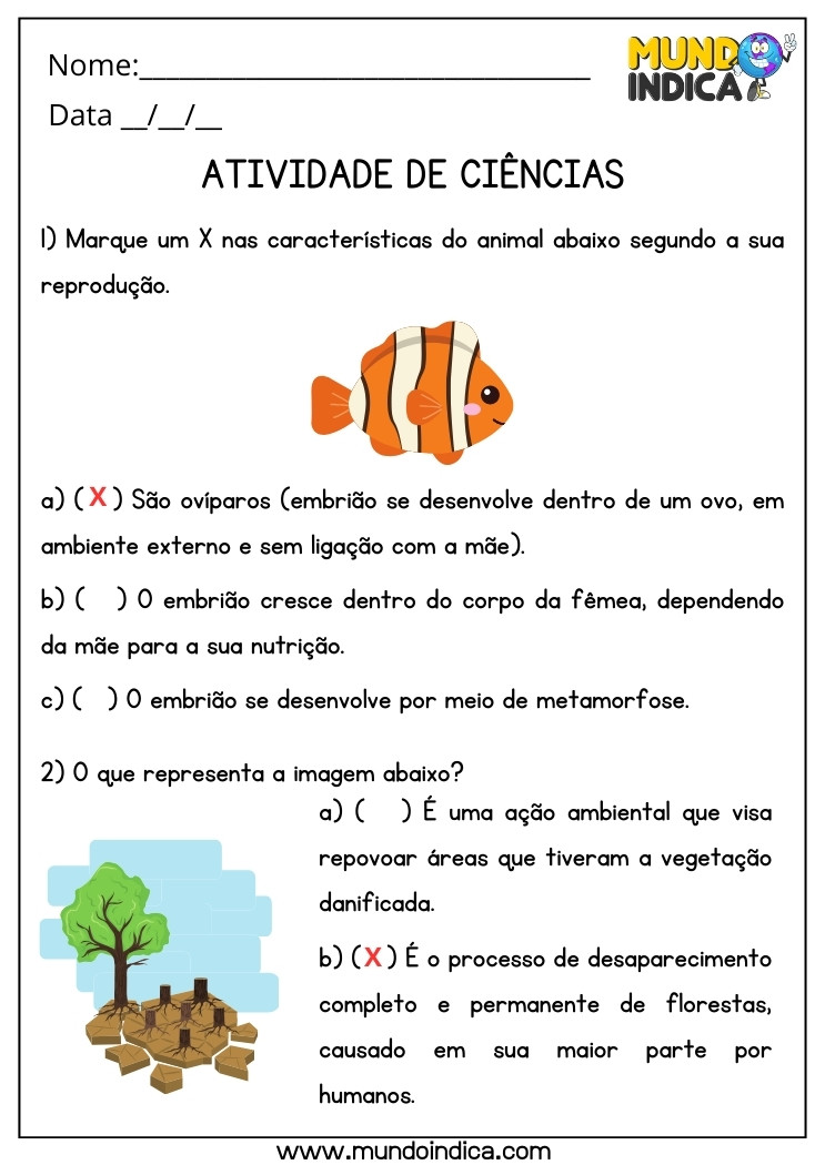 Atividade de Ciências sobre a Reprodução do Peixe e Desmatamento das Florestas para 4 ano Ensino Fundamental com Respostas para Imprimir