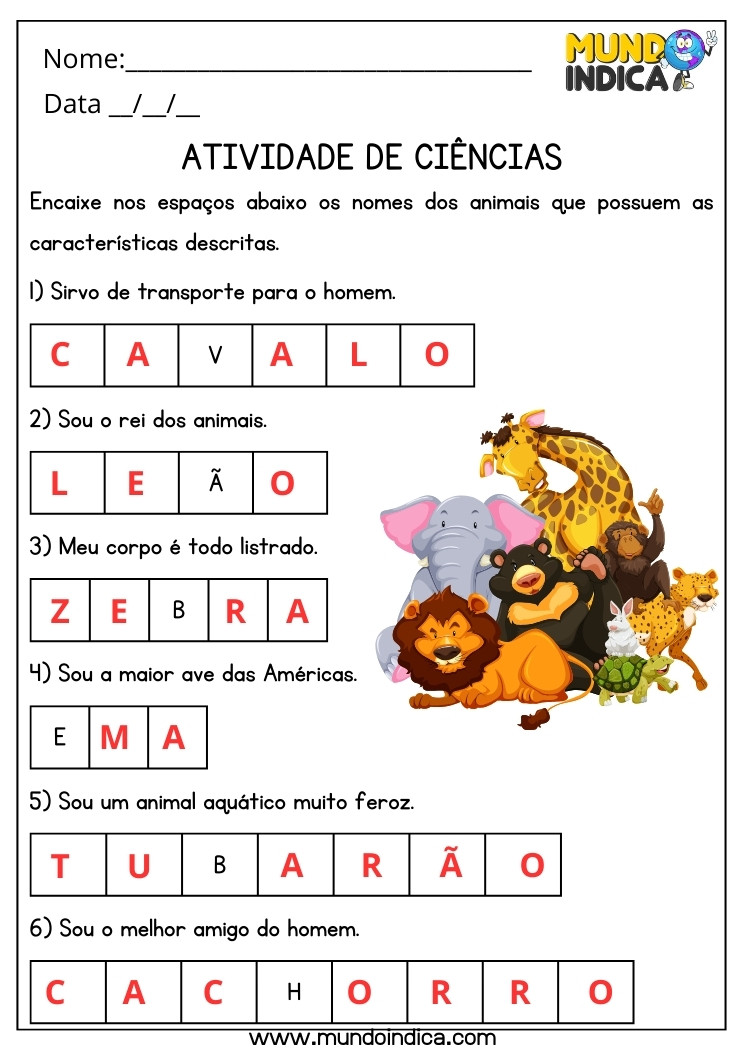 Atividade de Ciências sobre as Características dos Animais para 3 ano Ensino Fundamental com Respostas para Imprimir