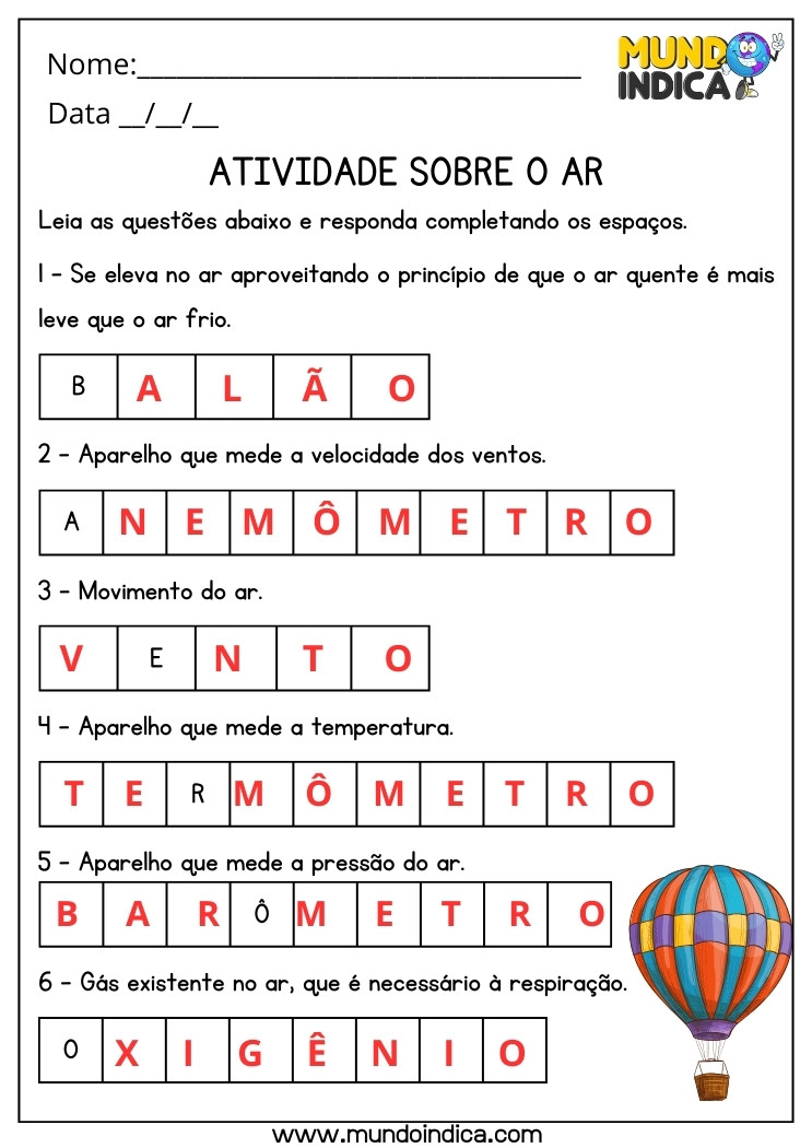 Atividade de Ciências sobre o Ar, Aparelho que Mede, Movimento, Pressão do Ar, Gás Existente para 3 ano Ensino Fundamental com Respostas para Imprimir