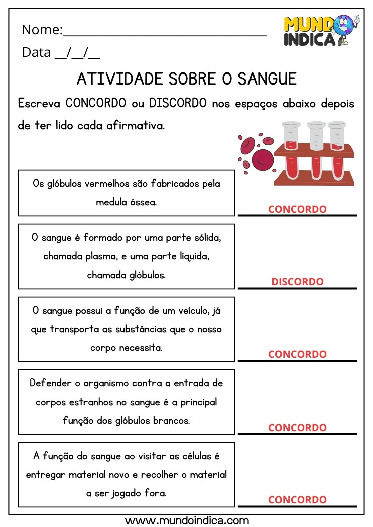 Atividade de Ciências sobre o Sangue e suas Funções, Glóbulos Vermelhos, Glóbulos Brancos com Respostas para Imprimir