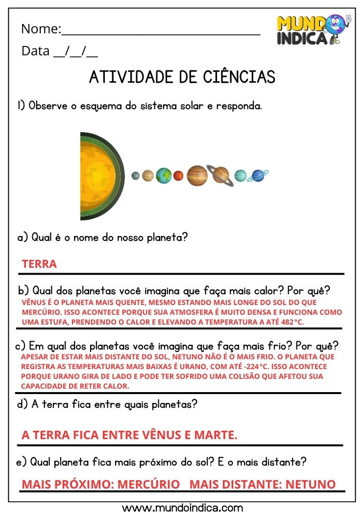 Atividade de Ciências sobre o Sistema Solar para 4 ano Ensino Fundamental com Respostas para Imprimir