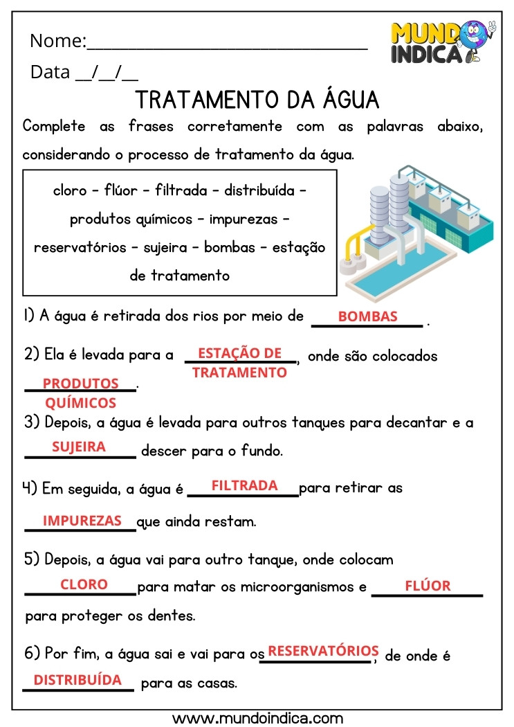 Atividade de Ciências sobre o Tratamento da Água para 5 ano Ensino Fundamental com Respostas para Imprimir