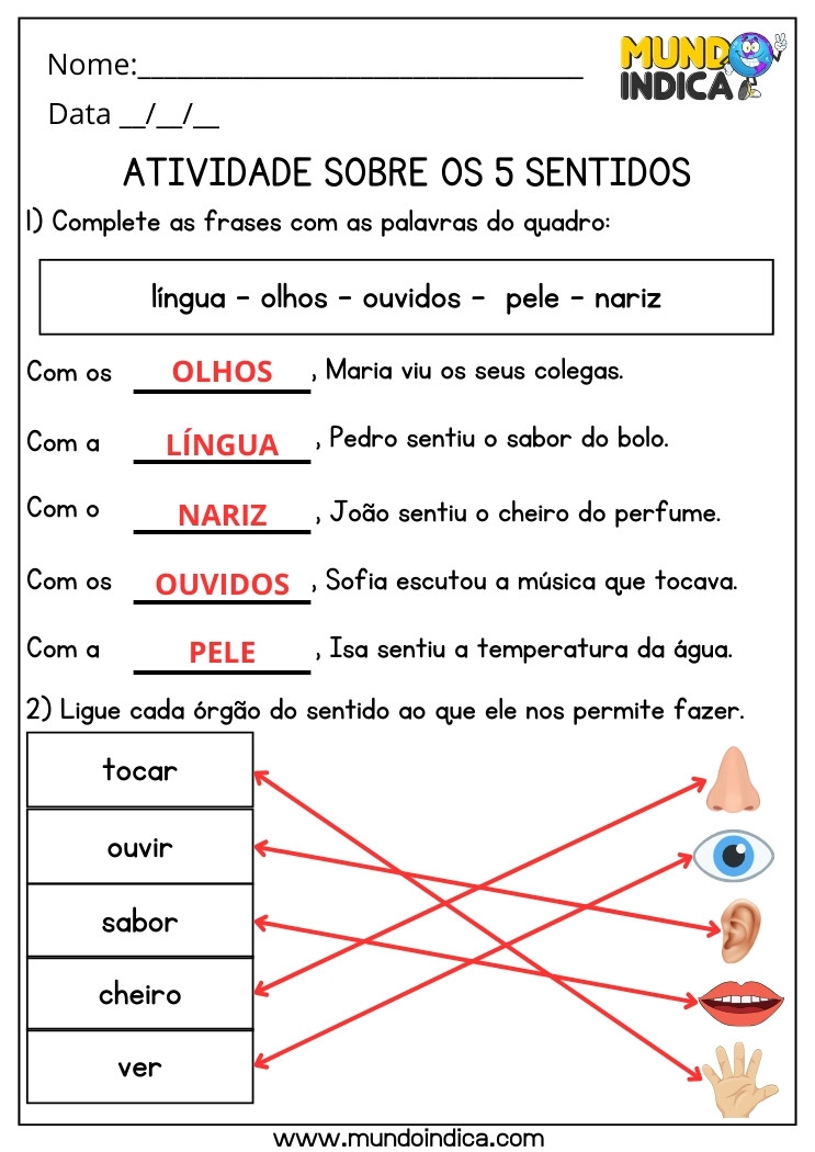 Atividade de Ciências sobre os 5 Sentidos para 2 ano Ensino Fundamental com Respostas para Imprimir