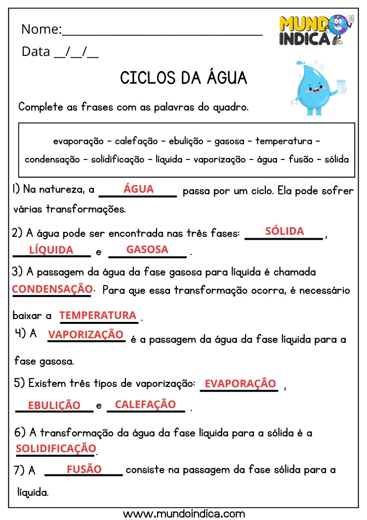 Atividade de Ciências sobre os Ciclos da Água para 4 ano Ensino Fundamental com Respostas para Imprimir