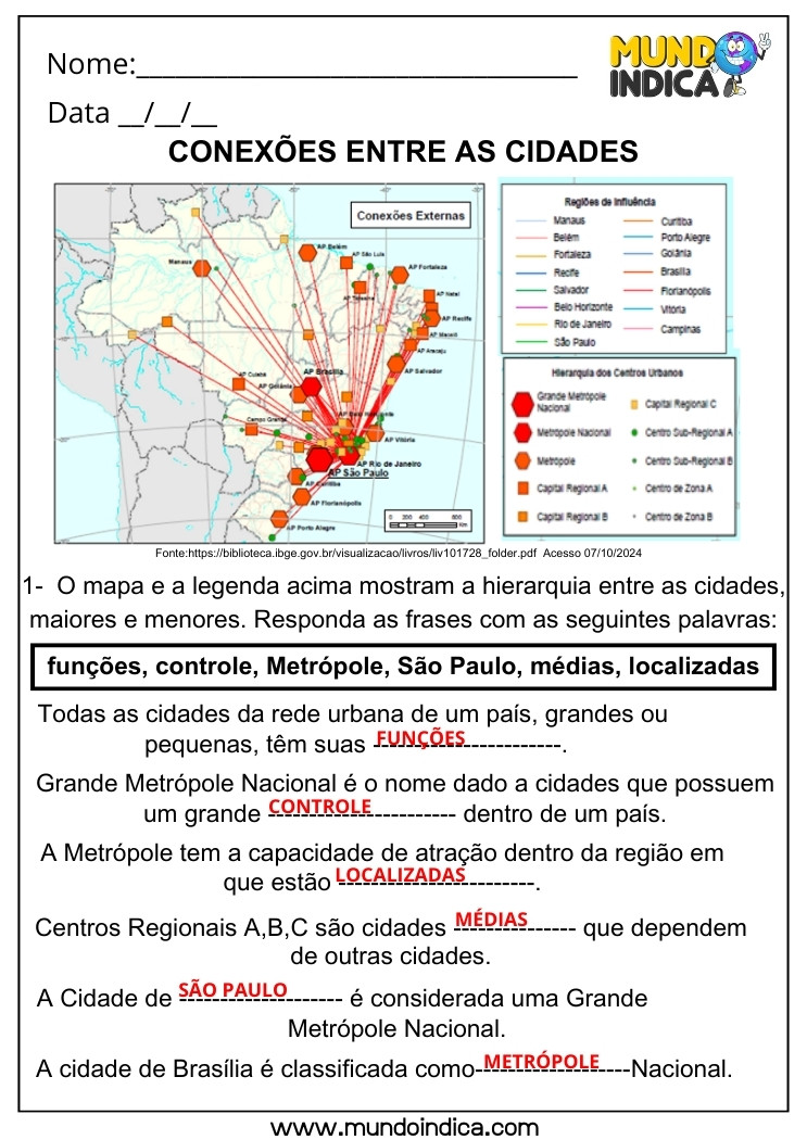 Atividade de Geografia Conexões entre as Cidades com Mapa e Hierarquia das Cidades Maiores e Menores para 5 ano Ensino Fundamental com Respostas para Imprimir