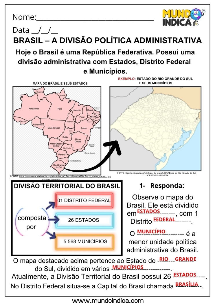 Atividade de Geografia Divisão Política Administrativa do Brasil para 5 ano Ensino Fundamental com Respostas para Imprimir