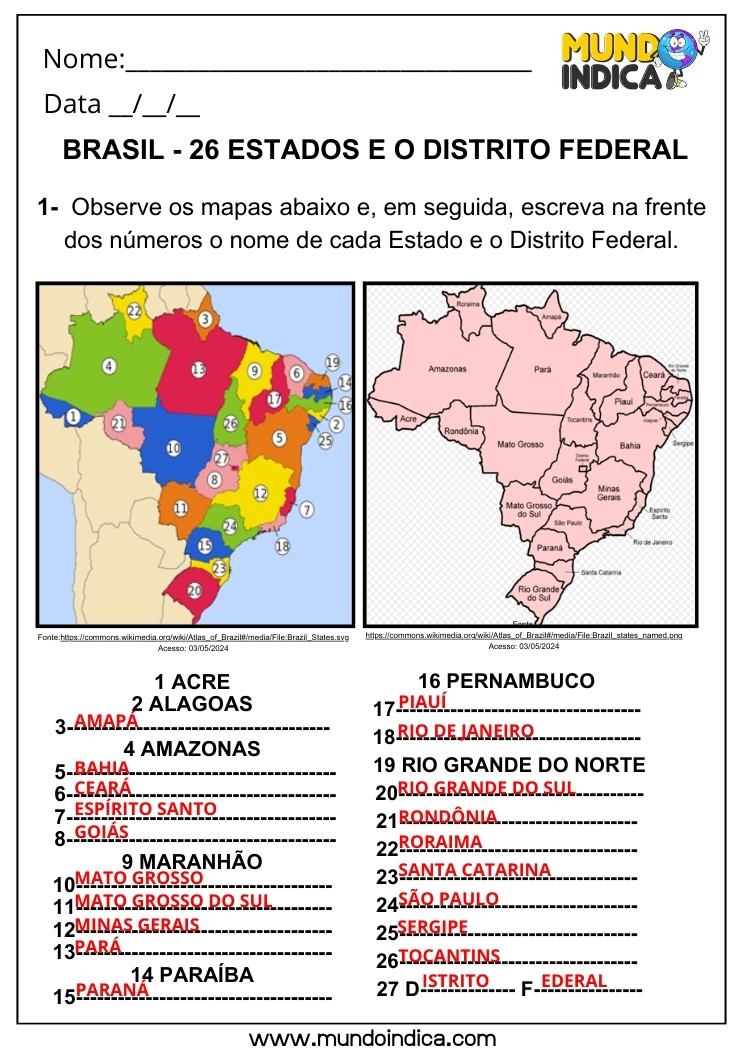 Atividade de Geografia Escreva na Frente dos Números o Nome de Cada Estado do Brasil Conforme a Indicação do Mapa para 5 ano Ensino Fundamental com Respostas