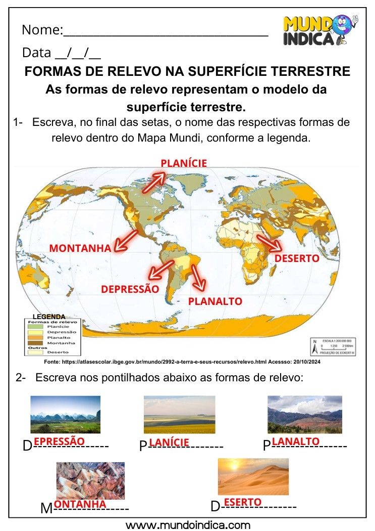 Atividade de Geografia Formas de Relevo e Superfície Terrestre para 5 ano Ensino Fundamental com Respostas para Imprimir