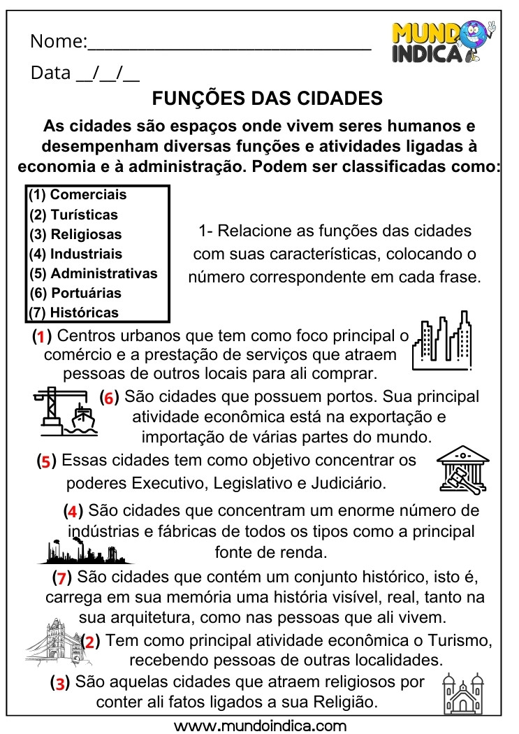 Atividade de Geografia Funções das Cidades para 5 ano Ensino Fundamental com Respostas para Imprimir