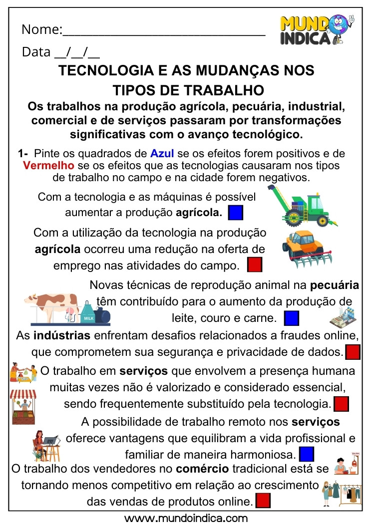 Atividade de Geografia Tecnologia e as Mudanças nos Tipos de Trabalhos para 5 ano Ensino Fundamental com Respostas para Imprimir