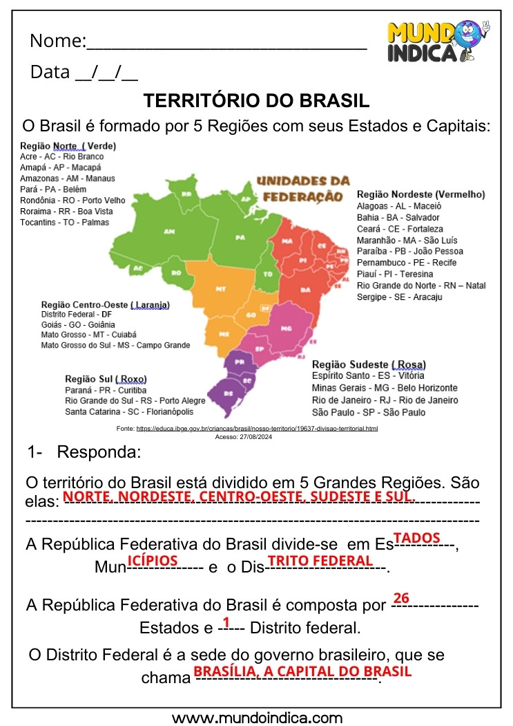 Atividade de Geografia Território do Brasil, 5 Regiões, Estados e Capitais para 5 ano Ensino Fundamental com Respostas para Imprimir