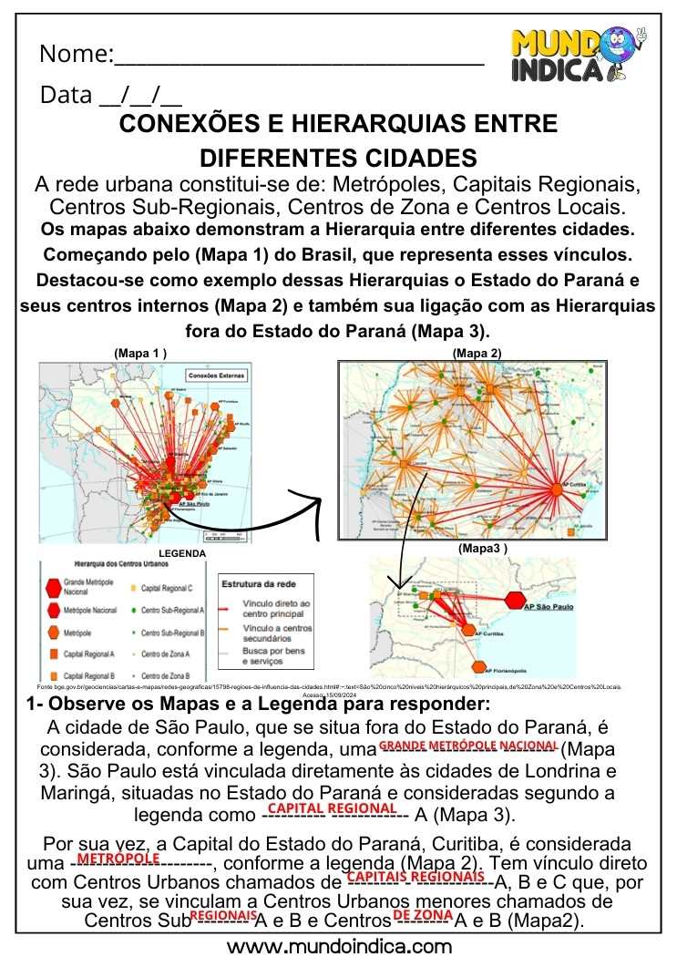 Atividade de Geografia com Mapa e Legenda sobre as Conexões e Hierarquias entre as Diferentes Cidades para 5 ano Ensino Fundamental com Respostas para Imprimir