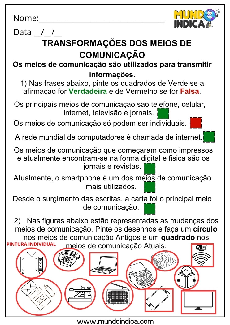 Atividade de Geografia sobre Meios de Comunicação para 5 ano Ensino Fundamental com Respostas para Imprimir
