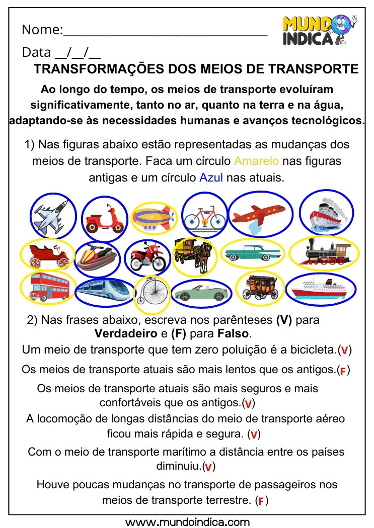 Atividade de Geografia sobre Transformações dos Meios de Transporte para 5 ano Ensino Fundamental com Respostas