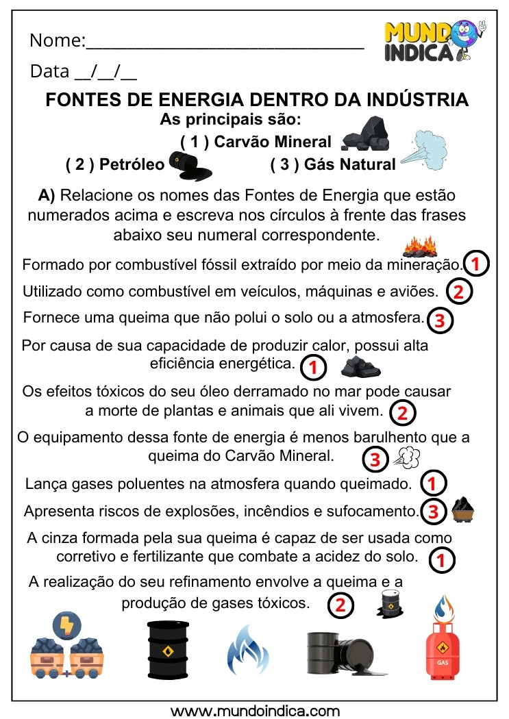Atividade de Geografia sobre as Fontes de Energia Dentro da Indústria para Relacionar os Nomes aos Círculos das Frases para 5 ano com Respostas