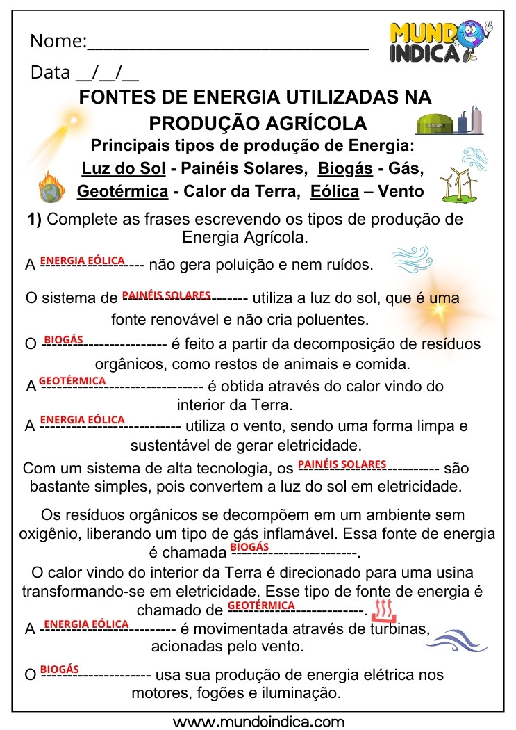 Atividade de Geografia sobre as Fontes de Energia Utilizadas na Produção Agrícola para Completar as Frases para 5 ano Ensino Fundamental com Respostas