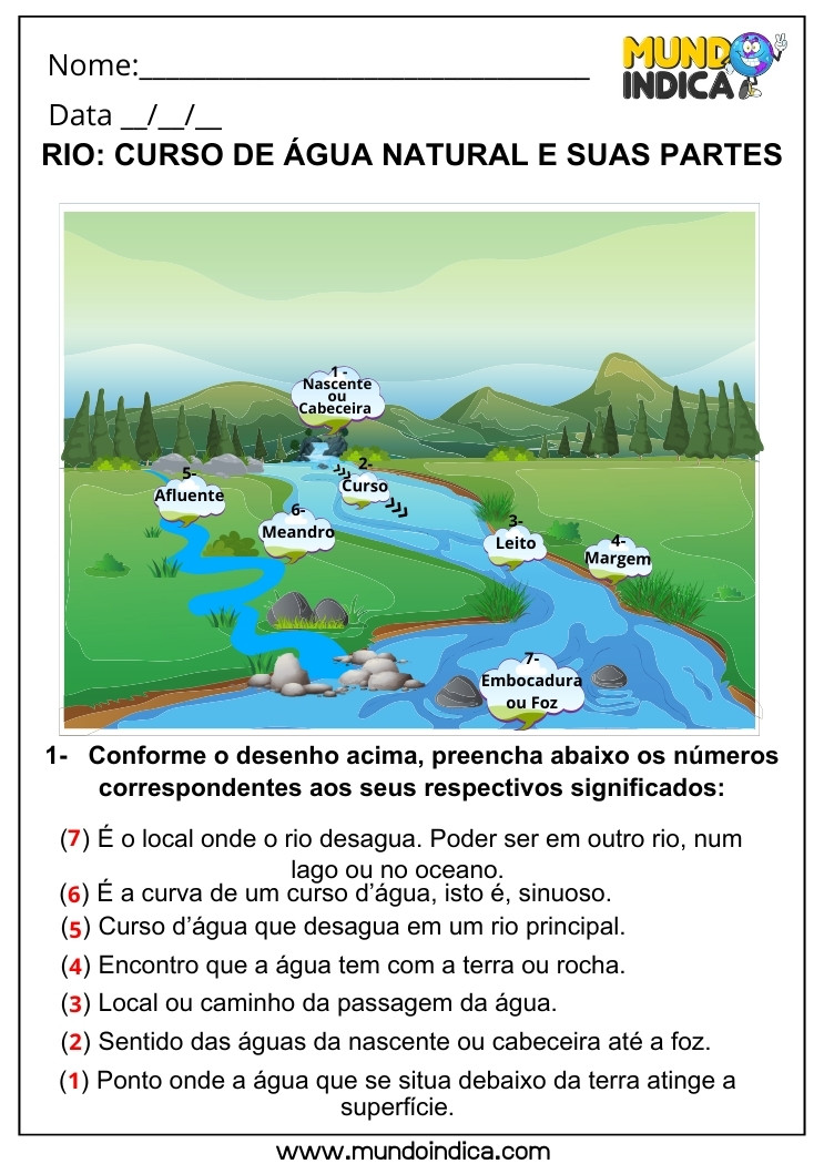Atividade de Geografia sobre o Curso de Água Natural e suas Partes para 5 ano Ensino Fundamental com Respostas para Imprimir