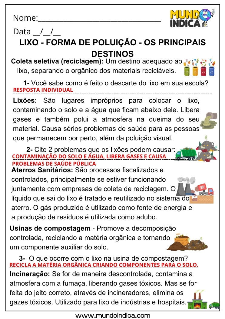 Atividade de Geografia sobre o Lixo e seus Destinos e Formas de Poluição para 5 ano Ensino Fundamental com Respostas para Imprimir