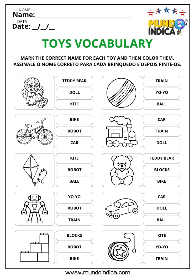 Atividade de Inglês Assinale o Nome Correto para Cada Brinquedo e Depois Pinte as Figuras para Imprimir