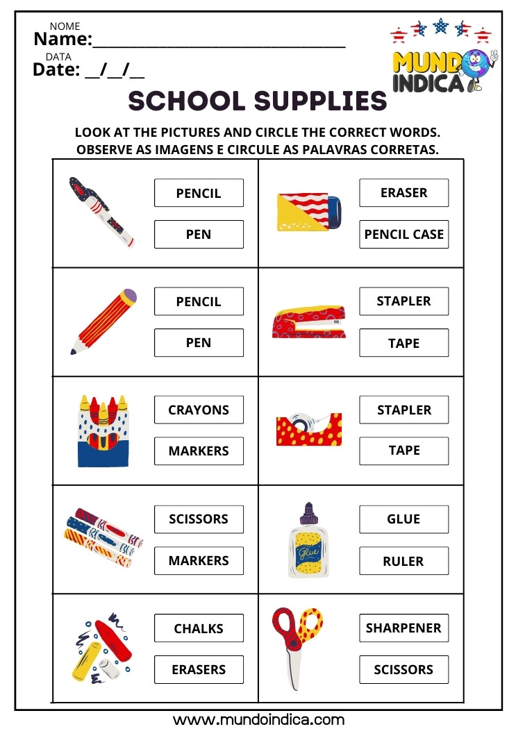 Atividade de Inglês Associação Figura Palavra sobre Materiais Escolares​ para Imprimir